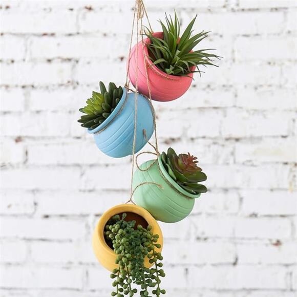 MyGift 4-Pot Bright Pastel Ceramic Hanging Flower Planter Set - Picture 7 of 7